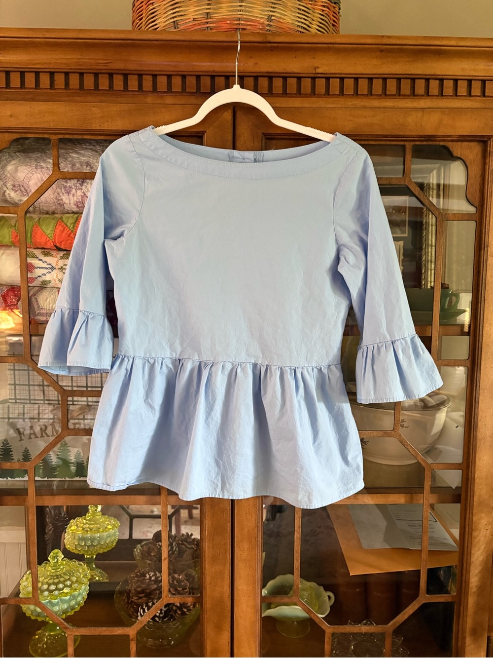 Light Blue Ruffle-Sleeve Peplum Blouse